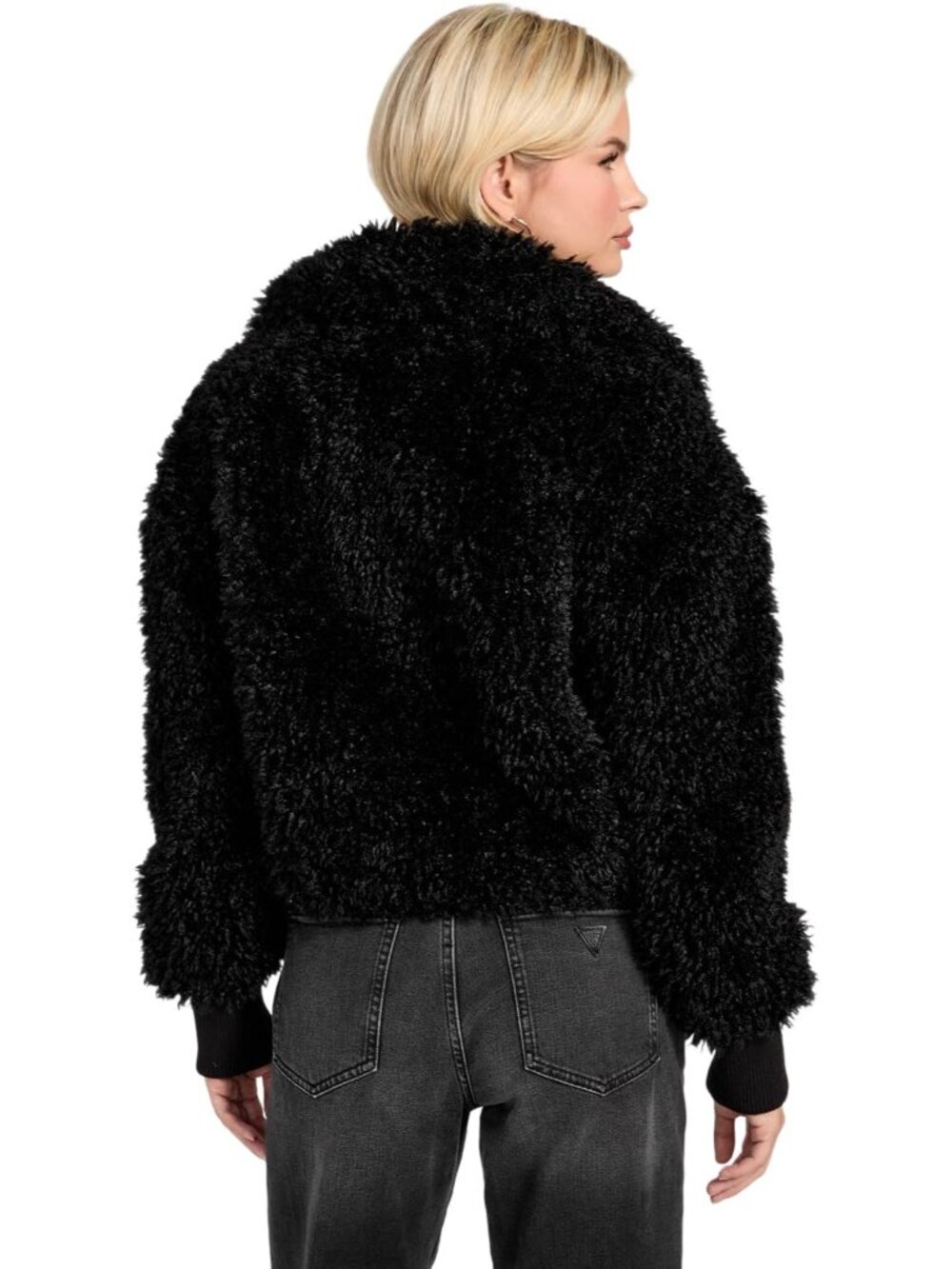 Guess Women's Jet Black Flavie Notch Collar Long Sleeve Faux Fur Crop Jackets - Picture 4 of 4